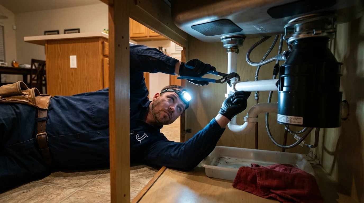 P-trap and supply line connections under a kitchen sink showing a common leak point in Concord, CA